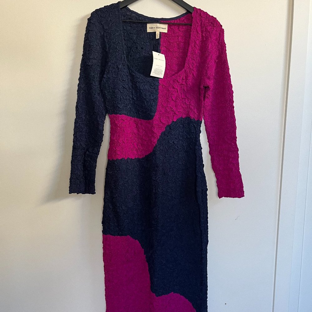 Mara Hoffman Amy Midi Dress Navy Fuchsia Stretch Popcorn Texture Sz M NWT